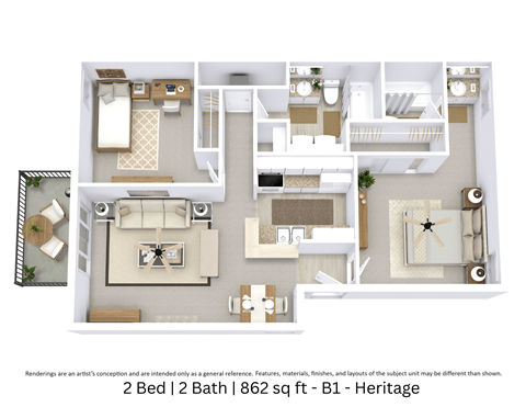 B1 - Heritage This is a 3D-floor plan providing a detailed, angled view of the space with room layouts, furniture placement, and spatial flow. Features 2 bedrooms, 2 bathrooms, and approximately 862 Sq. Ft.